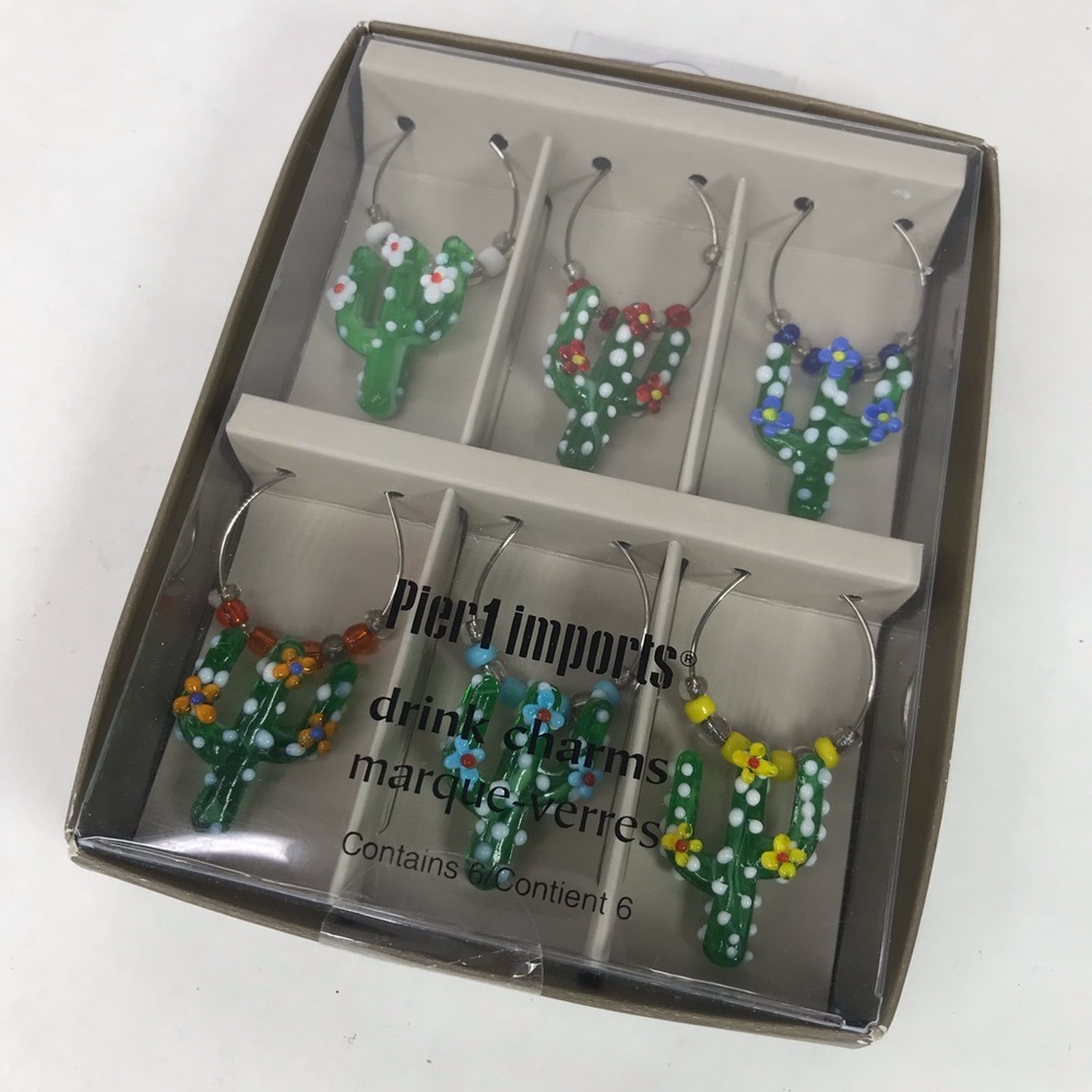 Pier 1 Imports Six Green Glass Cactus Glass Drink Charms Wine Beer Cocktails New